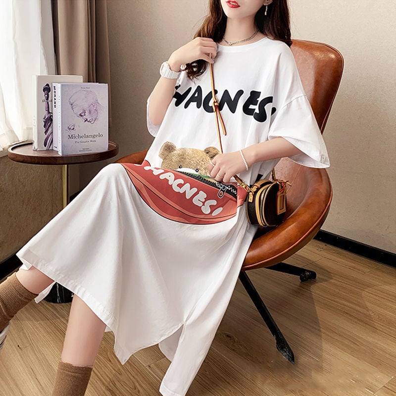 スタイリッシュ カジュアル プリント Tシャツ カットソー ワンピース<ins-8285>