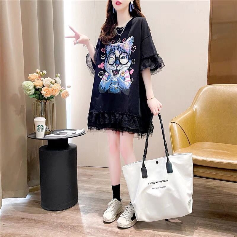 話題沸騰中 キュート ゆったり ロング丈 切り替え 2色半袖Tシャツ<ins-8133>