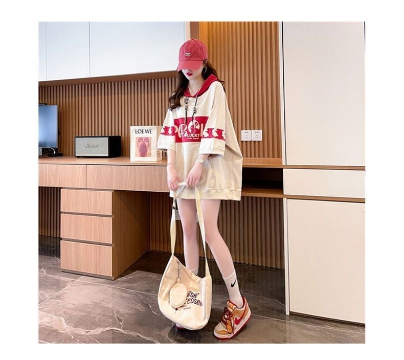 【半額!期間限定!!】大人気 切り替え ウサギちゃん プリント 配色 ロング半袖パーカー<ins-4004>