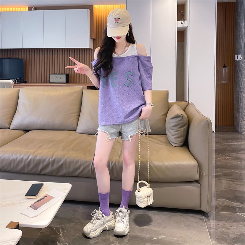 新商品 カジュアル ゆったり プリント オープンショルダー 2色 半袖Tシャツ<ins-8282>