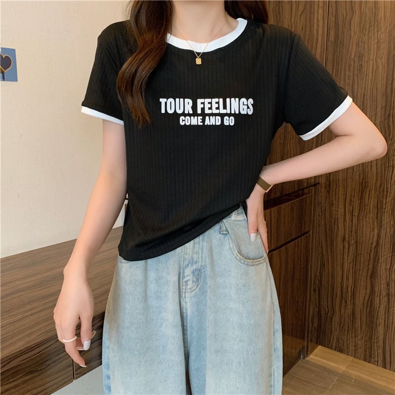 ゆったり感アップ ファッション アルファベット Tシャツ カットソー<ins-3077>