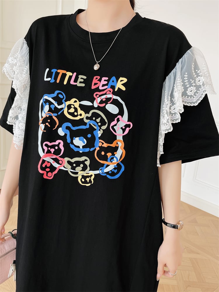 おすすめ ファッション レース 切り替え プリント Tシャツ カットソー ワンピース<ins-8535>