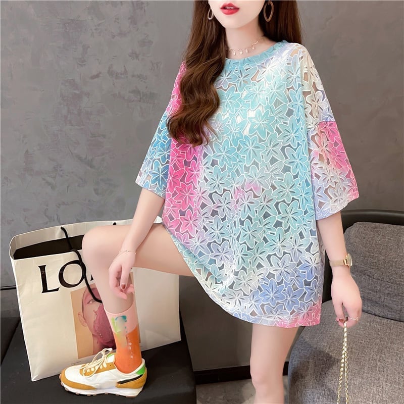 オシャレ度満点 スタイリッシュ ラウンドネック 透かし彫り Tシャツ カットソー<ins-2957>