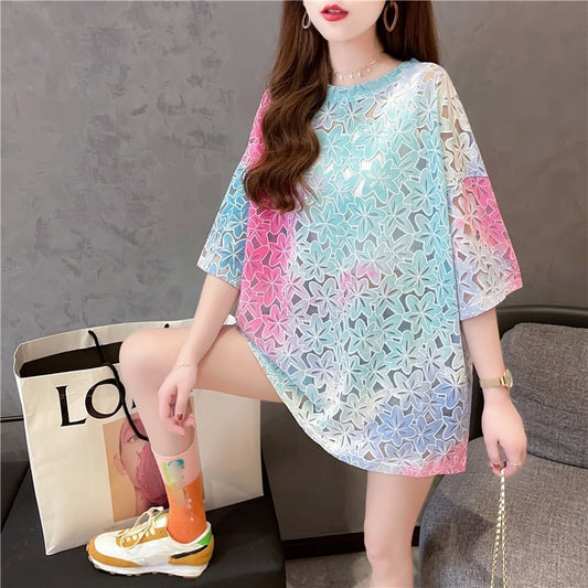 オシャレ度満点 スタイリッシュ ラウンドネック 透かし彫り Tシャツ カットソー<ins-2957>