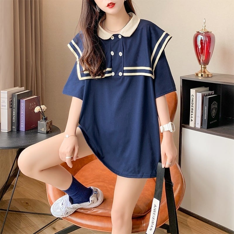 絶対欲しい セーラーカラー ロング Tシャツ 三色 ゆったりワンピース<ins-4028>