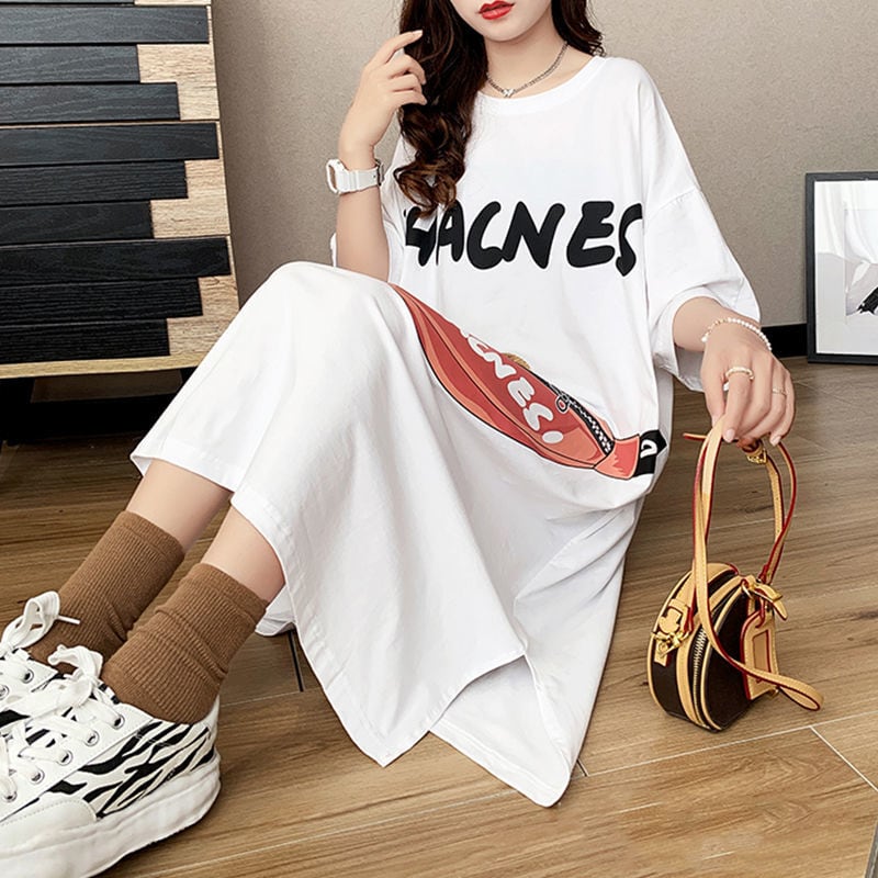 スタイリッシュ カジュアル プリント Tシャツ カットソー ワンピース<ins-8285>