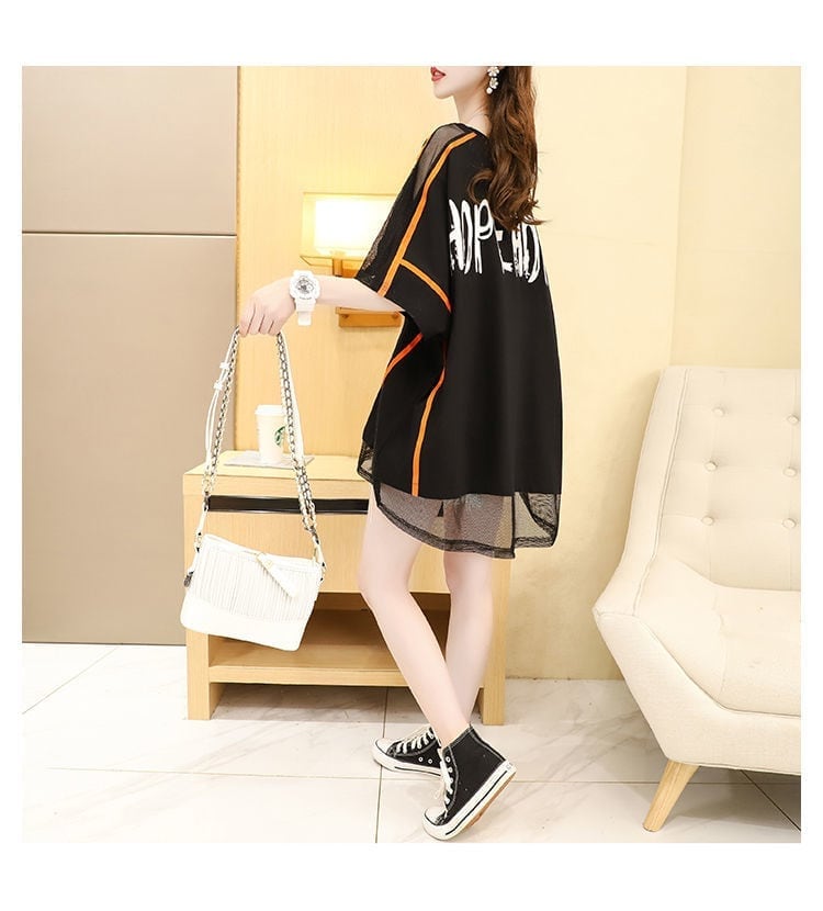 大好評 切り替え 透かし彫りアルファベット プリントTシャツ ゆったり半袖<ins-2982>