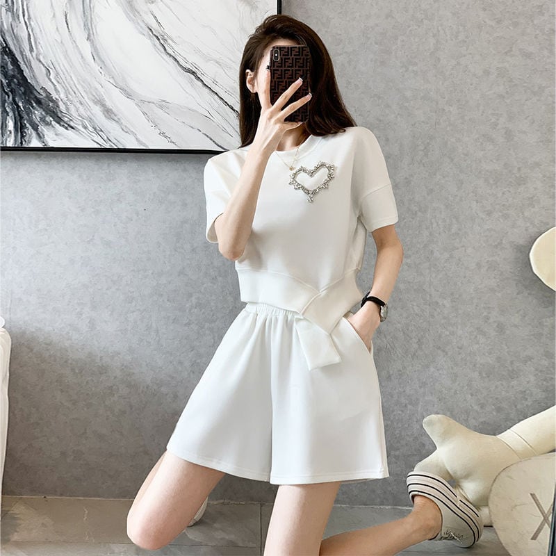 オシャレ度満点 一目惚れ 切り替え Tシャツ+ショートパンツ セットアップ<ins-3573>