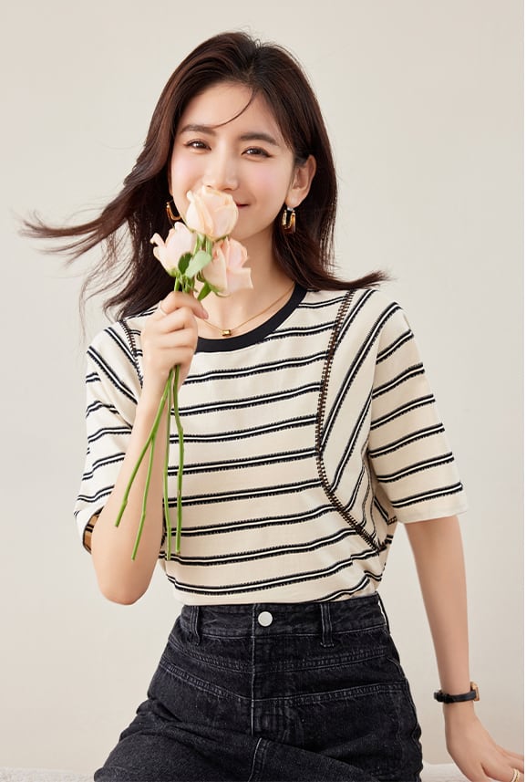 好感度UP カジュアル ファッション エレガント ストライプ柄 Tシャツ<ins-8327>