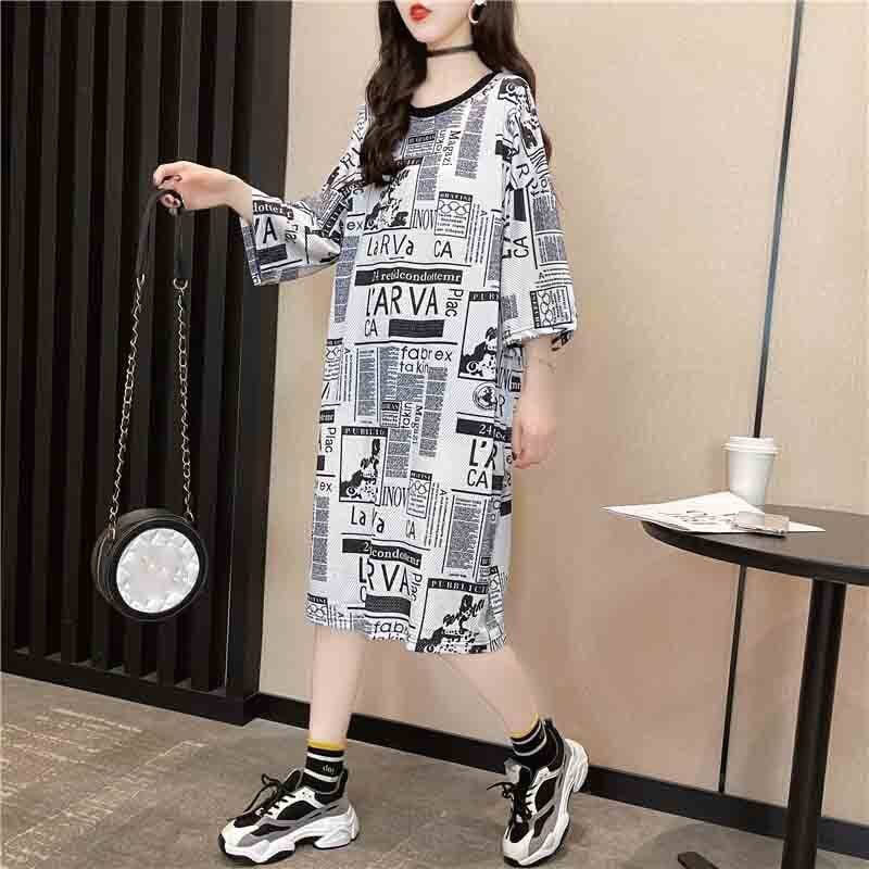 オシャレ度満点 一目惚れ プリント 切り替え ワンピース Tシャツ カットソー<ins-3122>