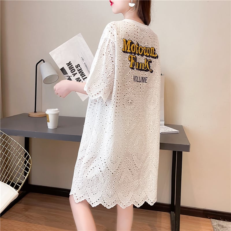 新作 プリント レースルーズ ゆったりロングTシャツins-3025