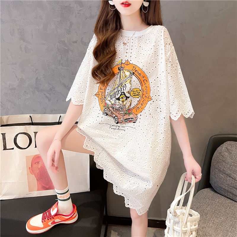 新作 プリント レースルーズ ゆったりロングTシャツins-3025