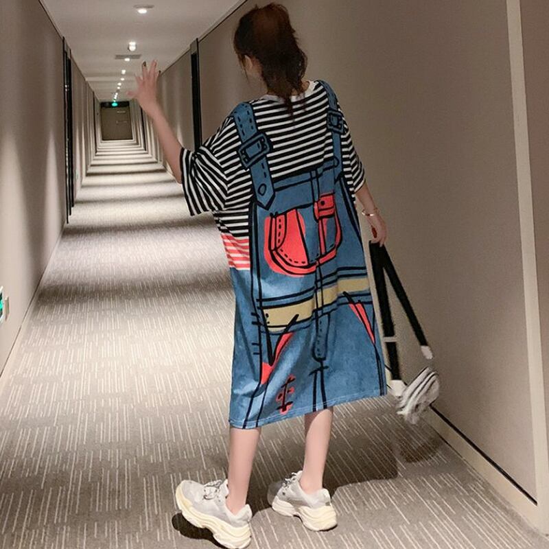 好感度100%ボーダー柄ビッグロゴ 半袖全2色ゆったりワンピースins-4826