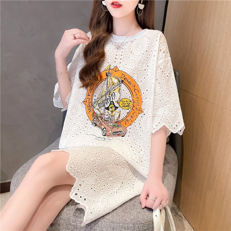 新作 プリント レースルーズ ゆったりロングTシャツins-3025