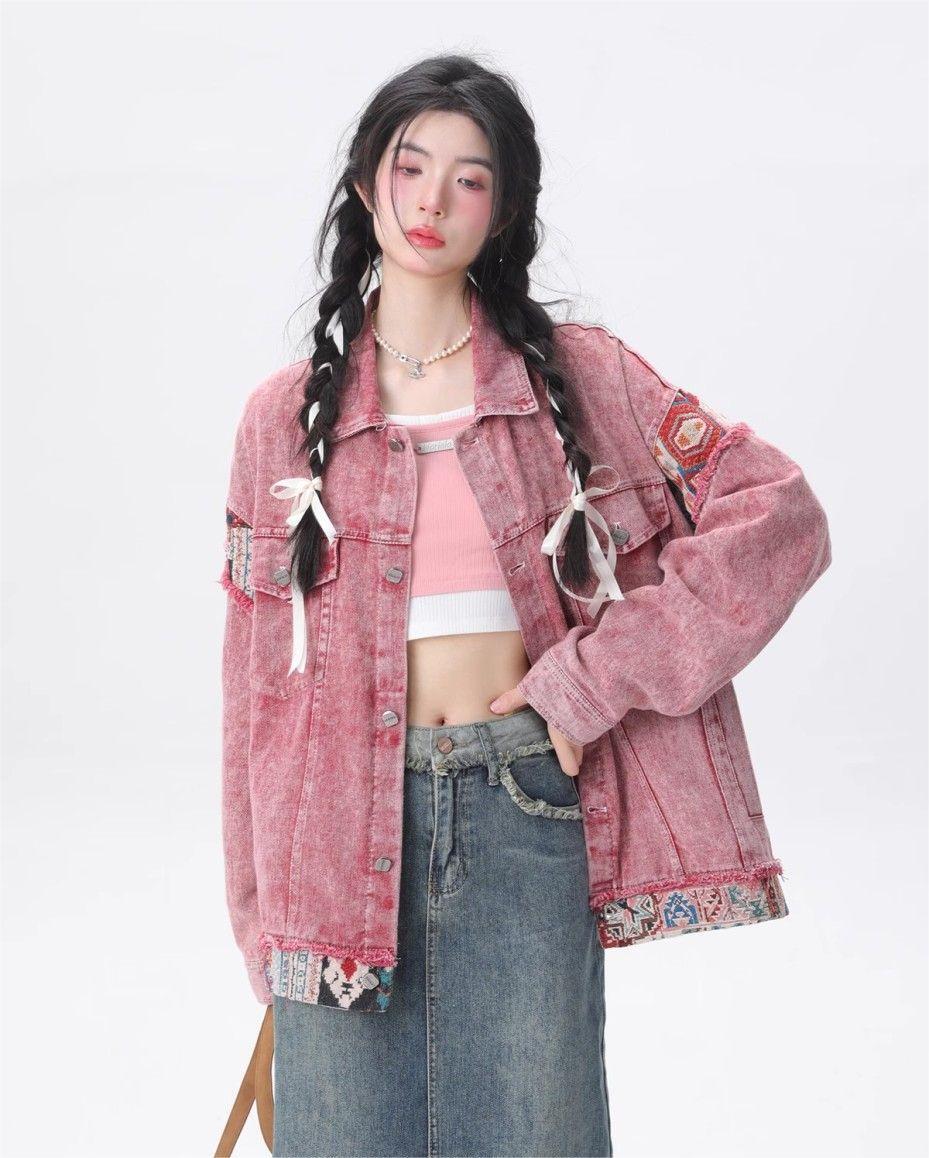 美人度アップ 切り替え ピンク デニムジャケット ゆったりコートins-4800