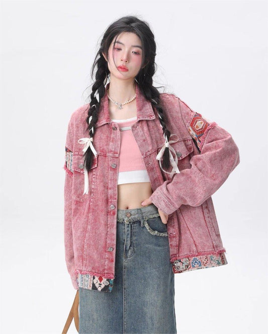 美人度アップ 切り替え ピンク デニムジャケット  ゆったりコートins-4800