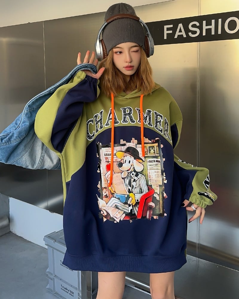 最新作プリントロゴ切り替えフード付きパーカ全3色オーバーサイズトップスins-4790