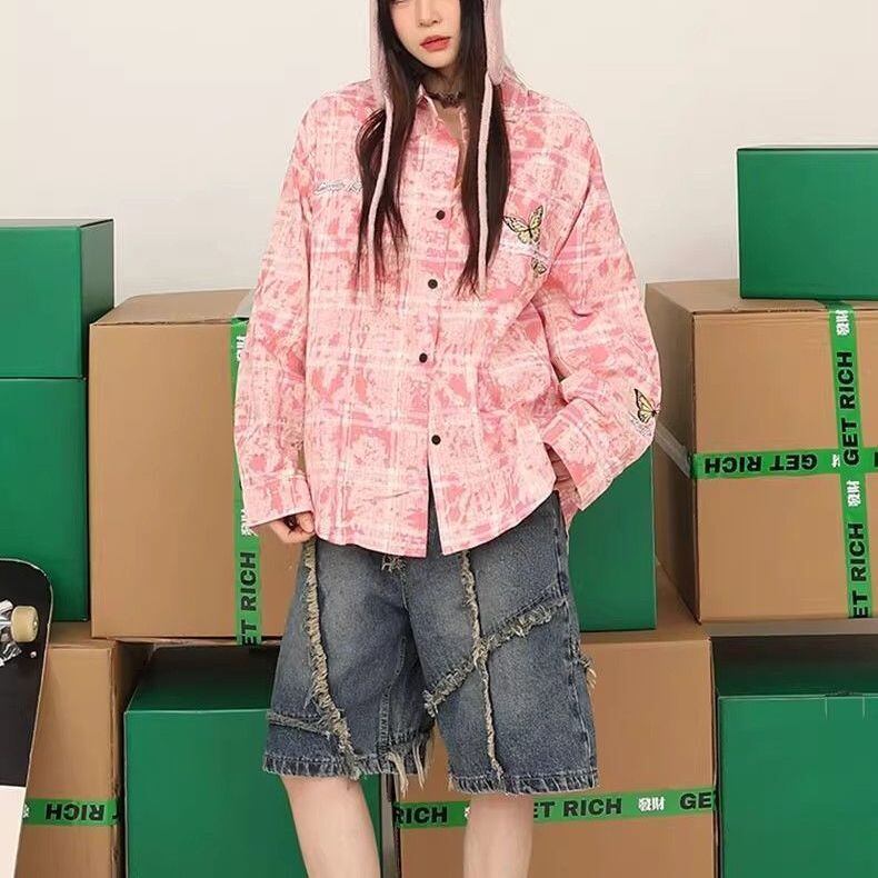 アクティブも綺麗も叶う 刺繍 カジュアル チェック柄 全2色 カップル シャツ E-9166