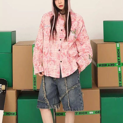 アクティブも綺麗も叶う 刺繍 カジュアル チェック柄 全2色 カップル シャツ E-9166