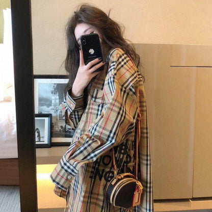 【ランキングNO.5】着痩せ チェック柄 レトロ 長袖 アルファベット シャツ ブラウスE-2144