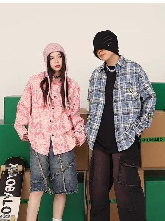 アクティブも綺麗も叶う 刺繍 カジュアル チェック柄 全2色 カップル シャツ E-9166