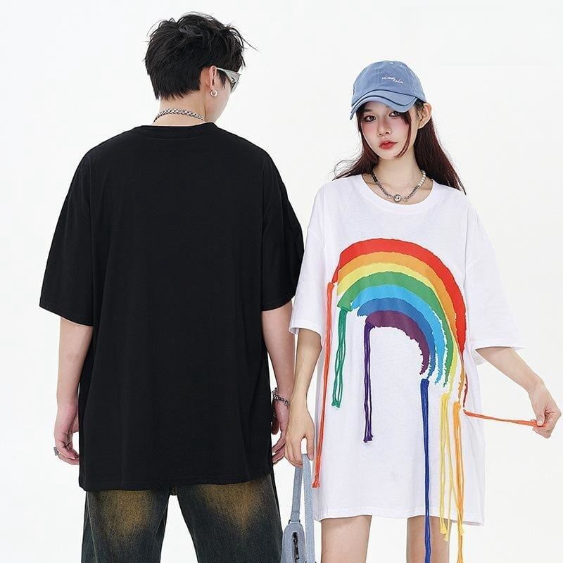 好感度UP 虹ロゴ タッセル ゆったり Tシャツ 全2色 ユニセックス半袖E-4863