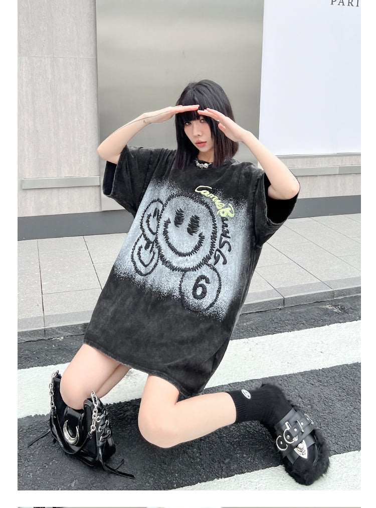 大注目 スマイルプリント ヴィンテージ加工  ゆったり 半袖Tシャツ -A728