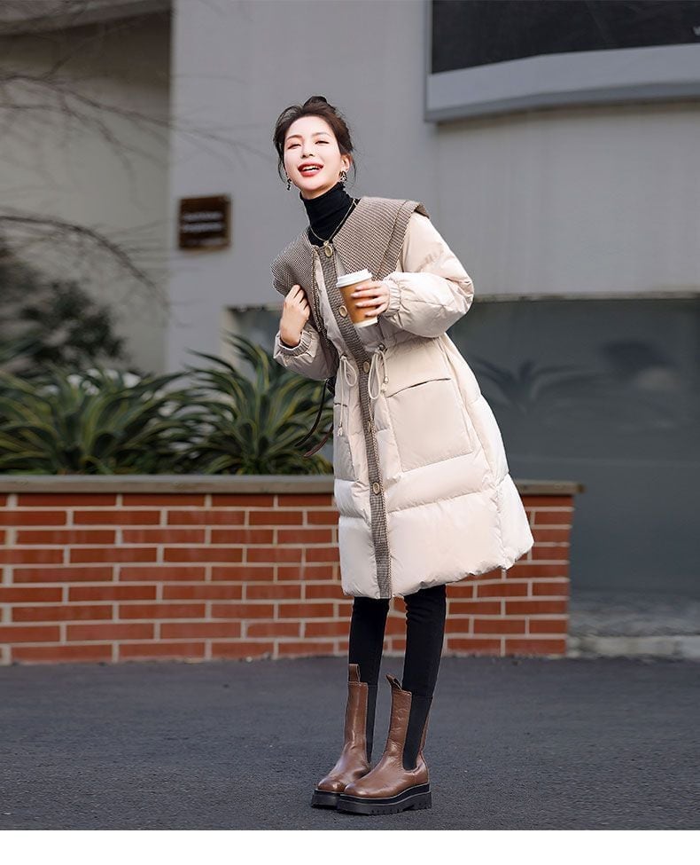 都市ファッショ デザイン オシャレ 切り替え 2色選択 ロングダウンジャケット E-9739