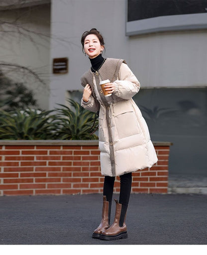 都市ファッショ デザイン オシャレ 切り替え 2色選択 ロングダウンジャケット E-9739