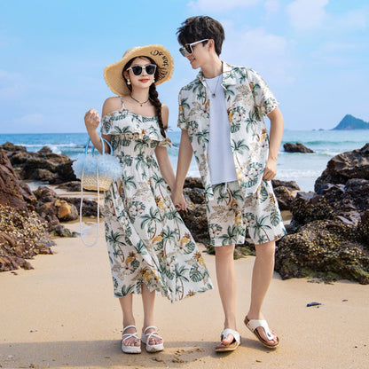 カップル 総柄 プリント 涼しい ワンピース/シャツ+ショートパンツ セットアップ E-80094