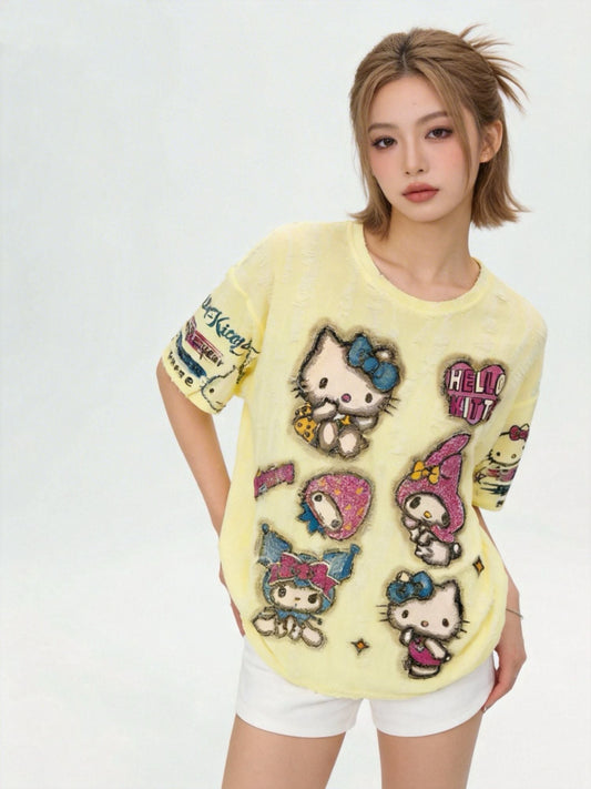 今季人気 クラッシュ加工 手描き風 オーバーサイズ Tシャツ F-13506