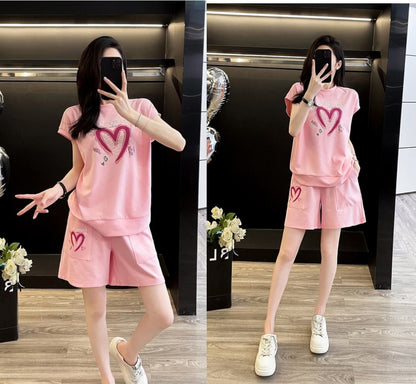 超人気 ホットダイヤモンド カジュアル プリント 半袖Tシャツ ショートパンツ セットアップ E-9215