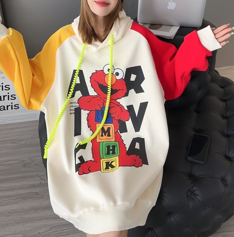 オーバーサイズ カラーマッチング アルファベットプリント フード付き ロングパーカE-4085