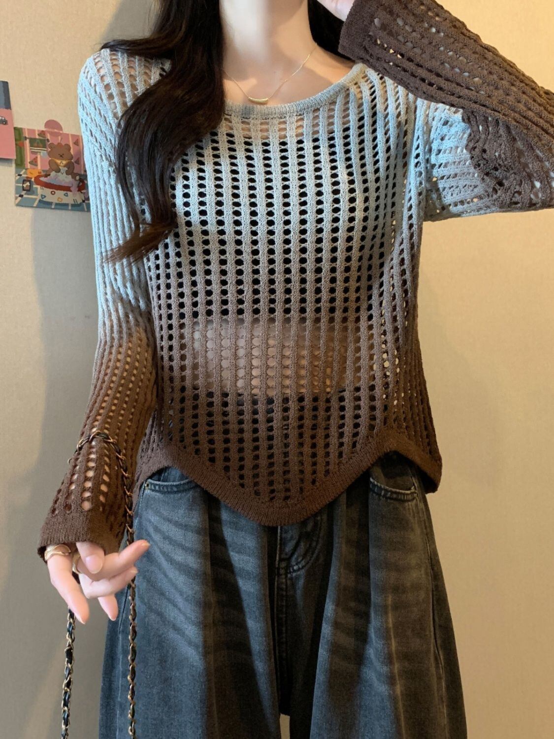 話題沸騰中 グラデーション おしゃれ度高め 透かし彫り ニットトップスE-9557