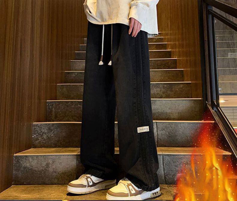 超人気 着回し力抜群 売り切れ必至 プラスベルベット 2色選択 デニム ワイドパンツE-9879