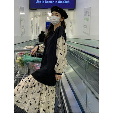 高級感 柔らかくて優しい印象 効果抜群 プリント切り替え ワンピースE-10854
