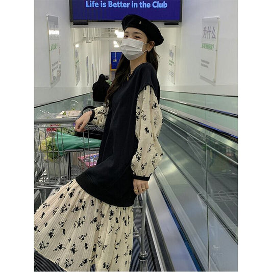 高級感 柔らかくて優しい印象 効果抜群 プリント切り替え ワンピースE-10854