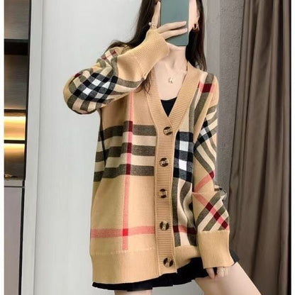 存在感抜群 ファッション感満々 トレンドアイテム おしゃれ度高め チェック柄 男女兼用 ニットトップスE-9808