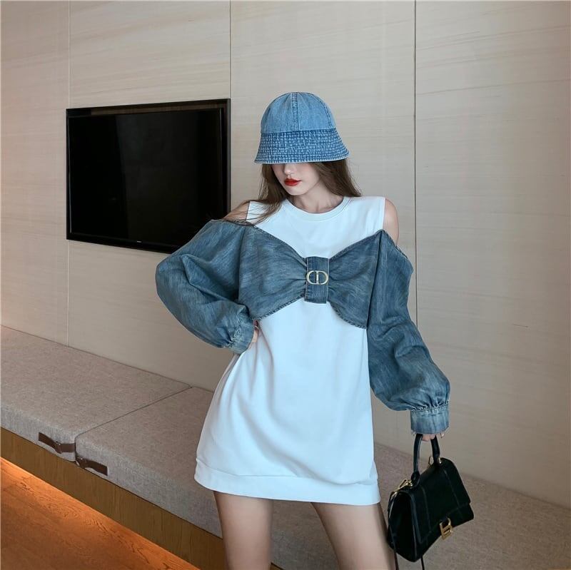 スタイリッシュ ラウンドネック 一目惚れ 切り替え 蝶結び スウェット パーカーE-2849