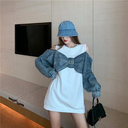 スタイリッシュ ラウンドネック 一目惚れ 切り替え 蝶結び スウェット パーカーE-2849