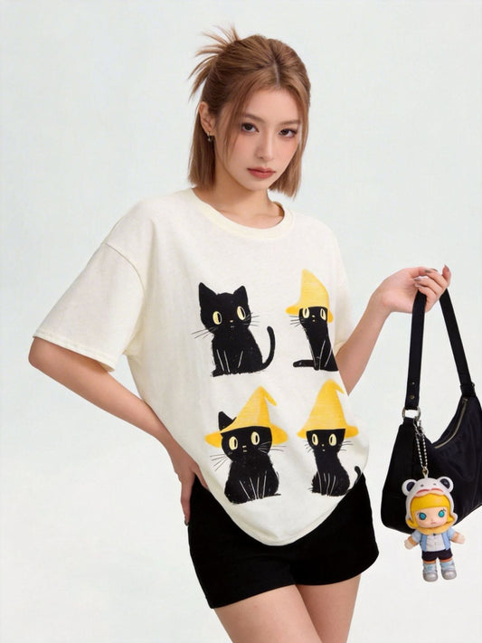 丸首 黒猫プリント 合わせやすい カジュアル 万能 着瘦せ Tシャツ F-50092