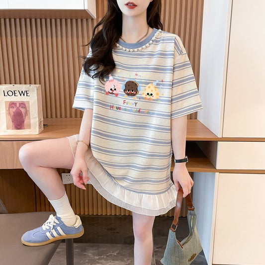 大流行新作 ボーダー 切り替え プリント ロング Tシャツ F-50077