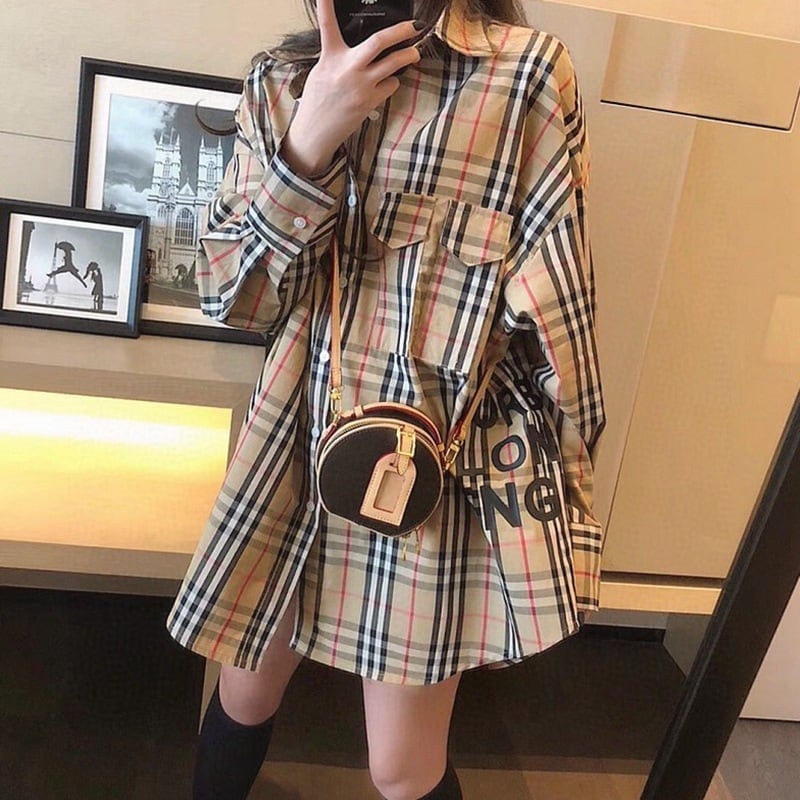 【ランキングNO.5】着痩せ チェック柄 レトロ 長袖 アルファベット シャツ ブラウスE-2144