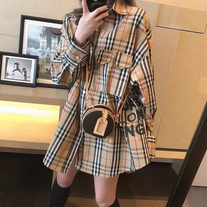 【ランキングNO.5】着痩せ チェック柄 レトロ 長袖 アルファベット シャツ ブラウスE-2144