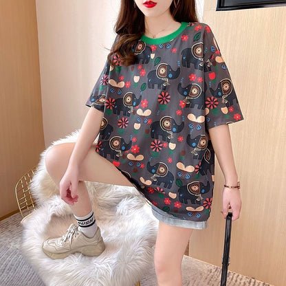 【半額！期間限定！！】絶対欲しい カジュアル キュート プリント ゆったり 2色半袖Tシャツ＜ins-8470＞