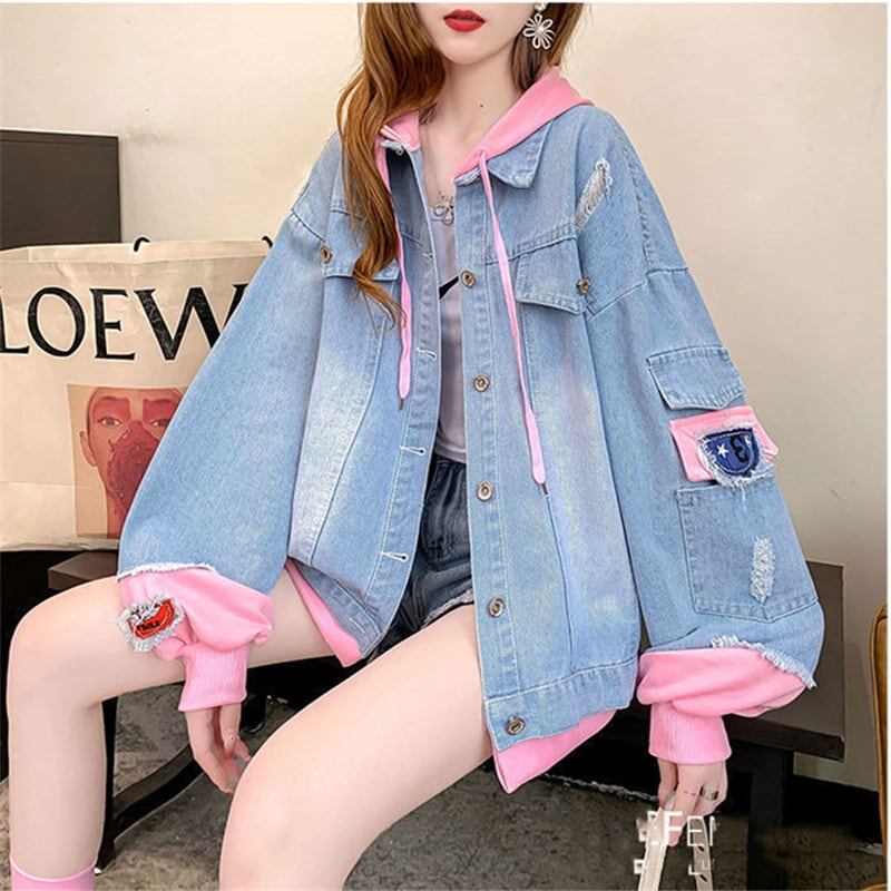 大活躍レイヤード風ダメージ加工デニムジャケット全2色パーカーE-4706