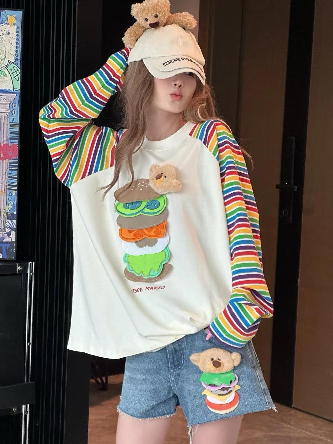 都市ファッショ デザイン オシャレ 大人可愛い 着心地良い プリント ストライプ柄 半袖TシャツE-9332