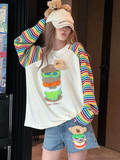 都市ファッショ デザイン オシャレ 大人可愛い 着心地良い プリント ストライプ柄 半袖TシャツE-9332