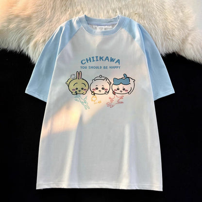 超人気商品 大人可愛い ラウンドネック  切り替え  全2色 半袖Tシャツ -A1149