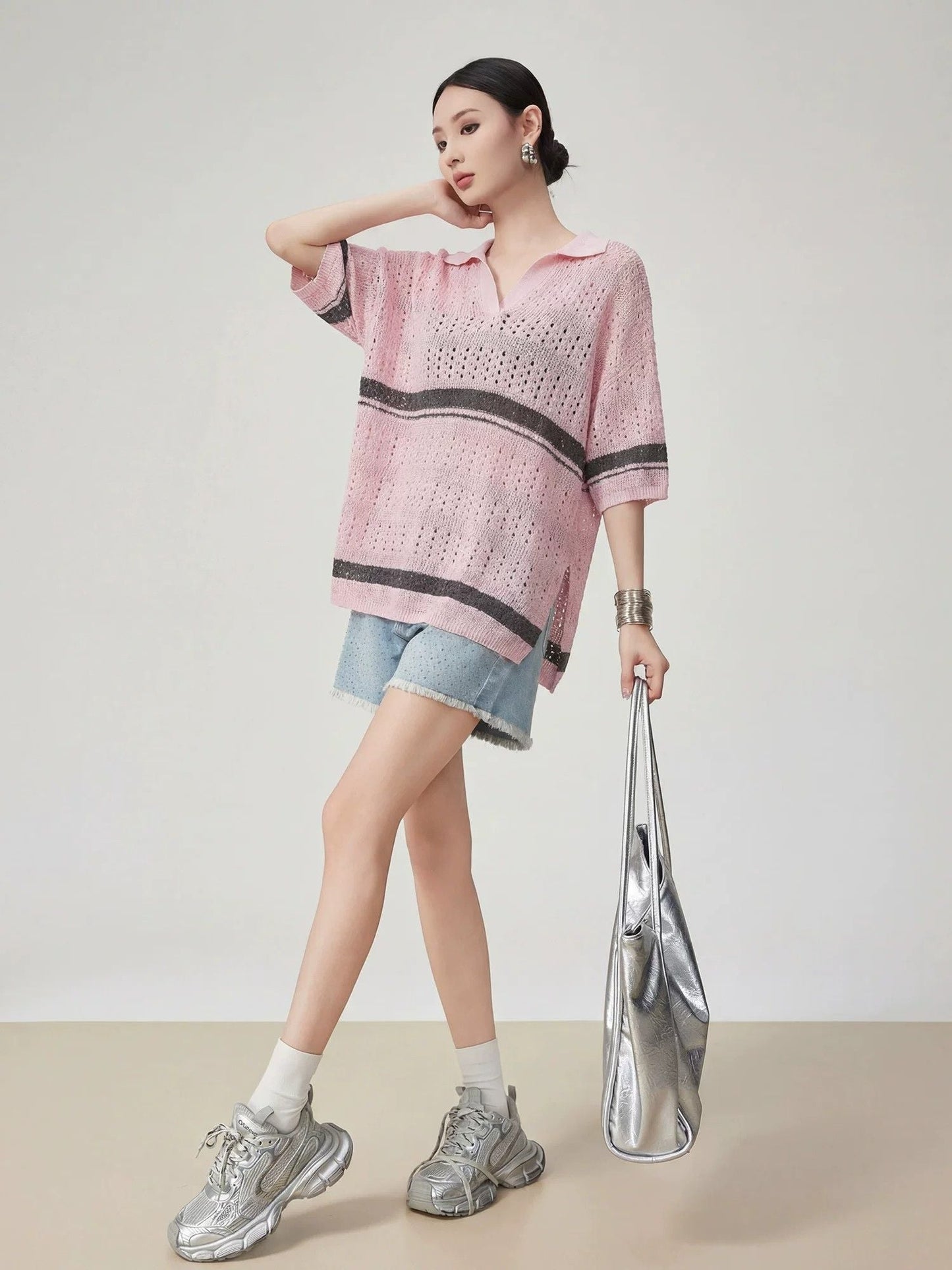 ファッション感満々 透かし編み ポロネック Tシャツ E-80089